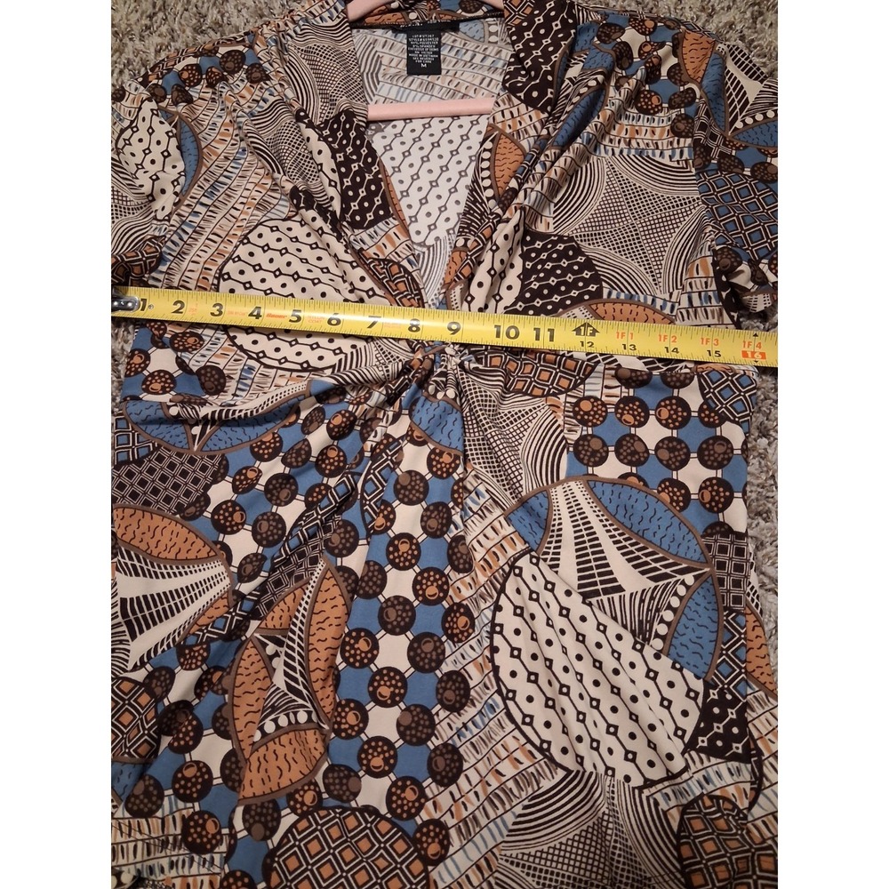 Y2K Geometric Print Knot Front Top M Brown Blue Collared Boho Stretch Blouse - Picture 8 of 9